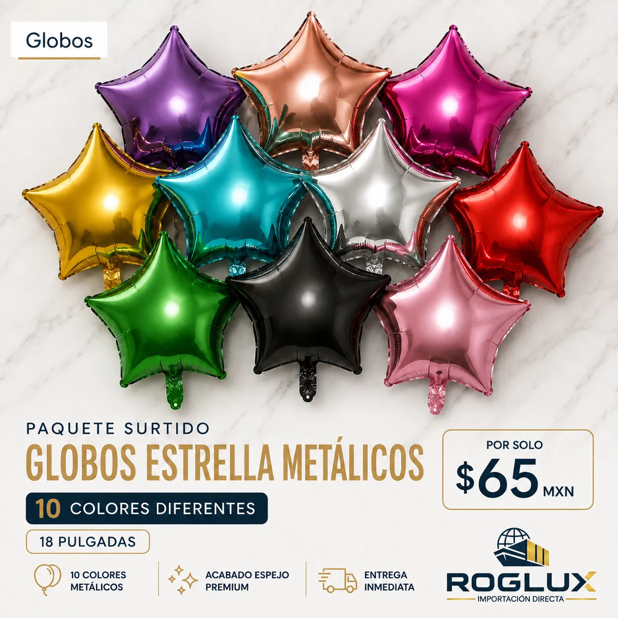 Paquete Surtido Globos Estrella Metálicos – 10 Colores Diferentes